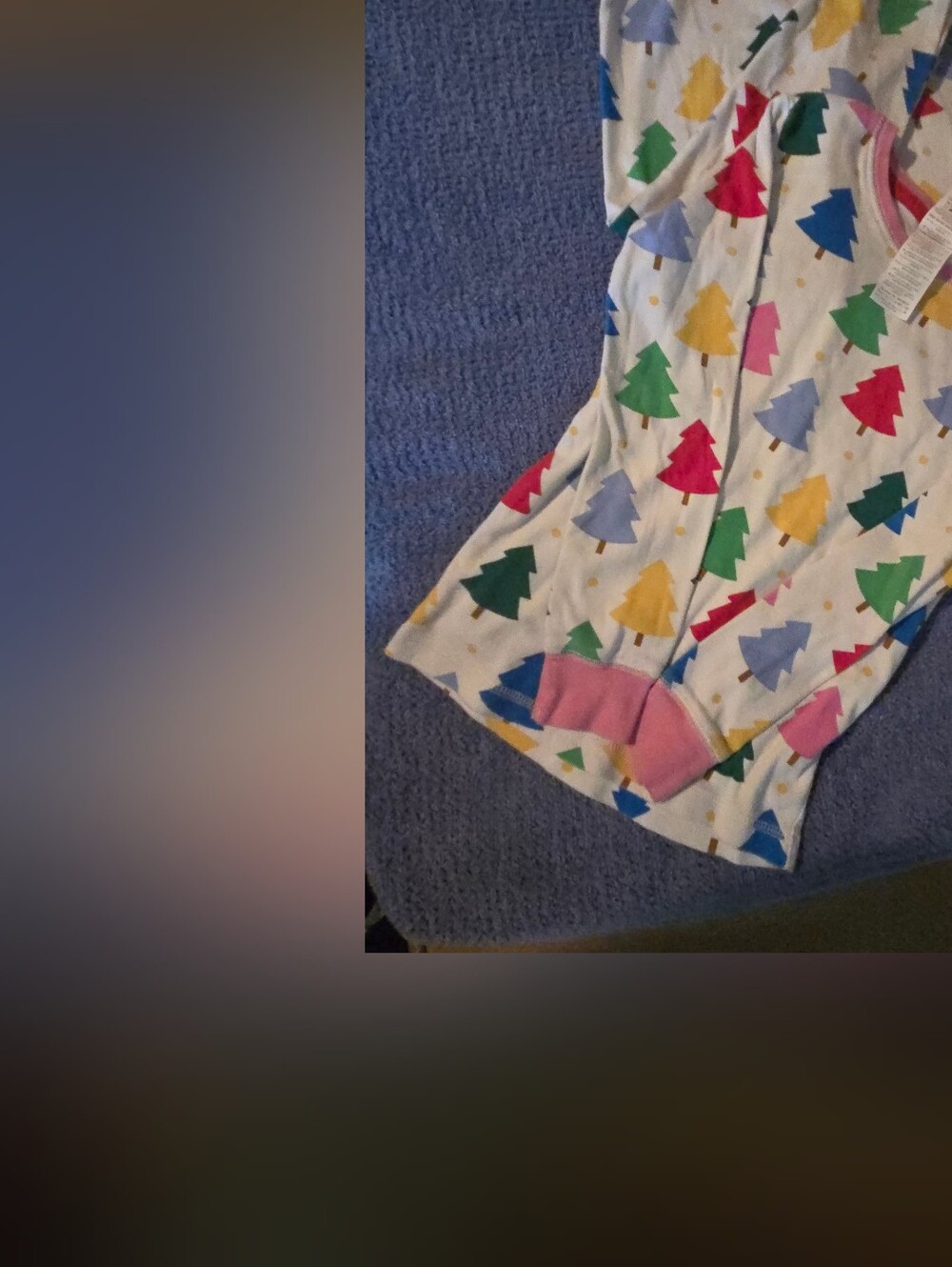 Mini Boden White Pajama Set with Multicolor Tree Print and Pink Cuffs